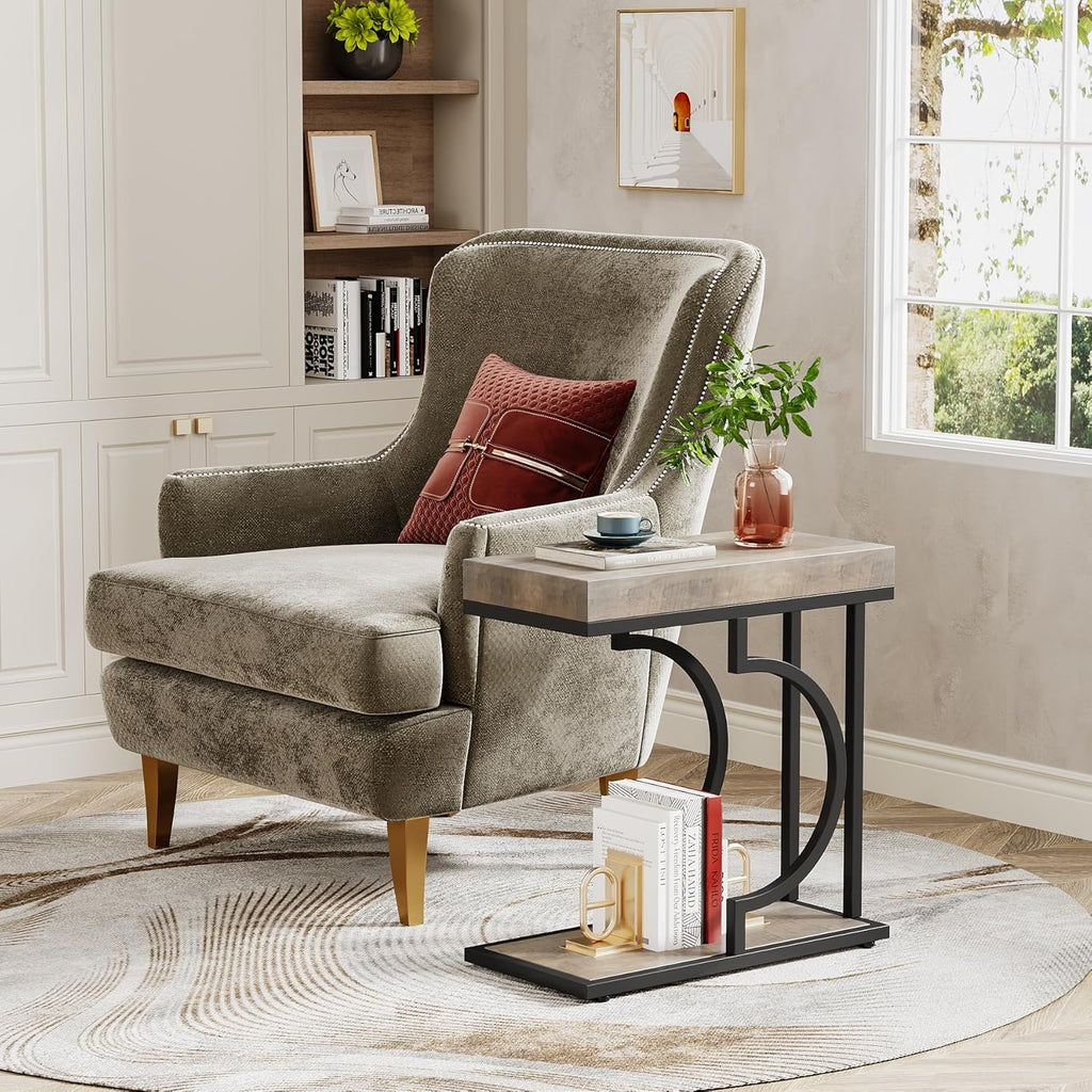 Tribesigns Narrow Side Table for Couch, C Shaped End Table with Metal Frame, Farmhouse Bedside Tables, Small Sofa Tables for Small Spaces, Living Room (1, Gray+Black)