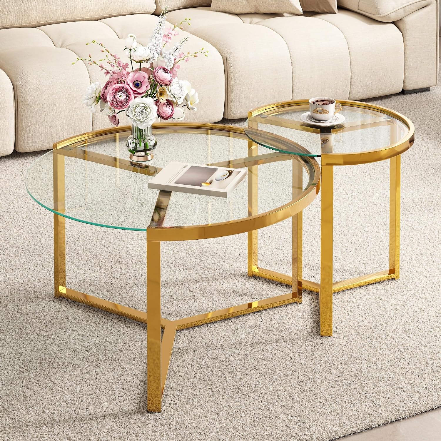 Glass Nesting Coffee Table Set with Metal Frame & Glam Design, Transparent | Modern Round Cocktail Center Table with Tempered Glass, Luxury for Living Room & Home Decor