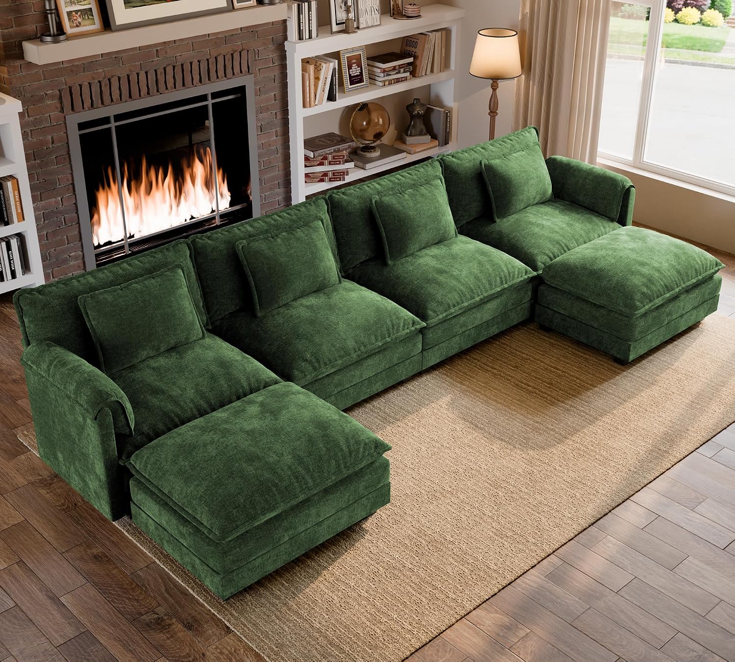 ELUCHANG 153" Oversized Modular Sectional Sofa, Comfy Chenille Cloud Couch, 6-Seater U Shaped Modern Deep Seat Sofa w/Removable Covers for Living Room, Bedroom, DIY Combination - Green