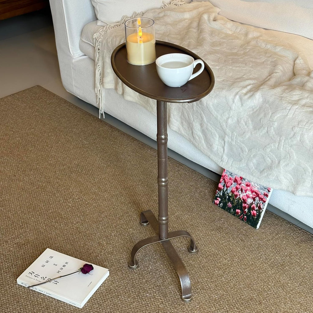 Premium Industrial Mid-Century Modern Small Metal Pedestal Side Table, Vintage Martini Cocktail End Table, Mini Drink Table, Accent Table, for Livingroom, Bedroom, Bathroom, Balcony & Small Spaces