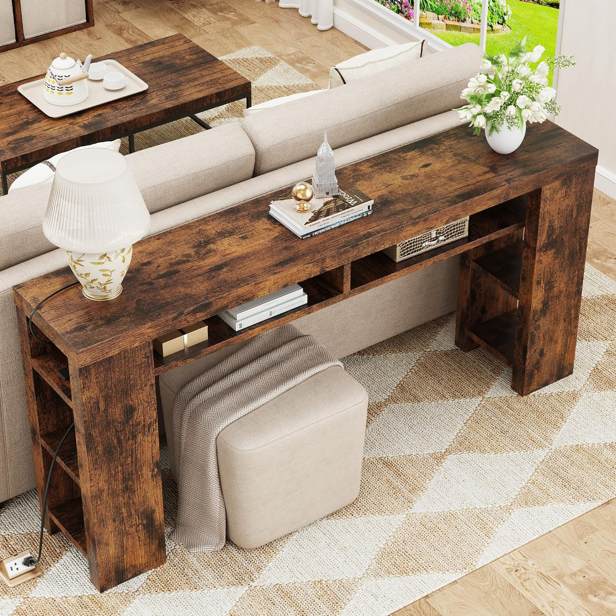 70.8" Extra Long Console Table with Outlets & USB Ports,Farmhouse Sofa Table with Storage Shelves for Behind Couch, Living Room, Entryway, Hallway, Brown