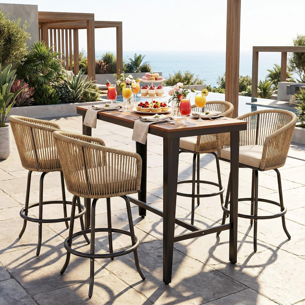 YITAHOME 27" Bar Stools Set of 4 with Arms & Cushions, 360° Swivel Outdoor Bar Stools, All Weather Counter Height Bar Stools Set of 4 with Curved Back for Backyard, Kitchen Island, Dining Room, Beige