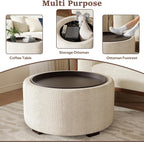 30" Round Ottoman with Storage Circular Coffee Table with Removable Wood Top and Solid Wood Legs Modern Upholstered Ottoman for Living Room Bedroom Apartments White