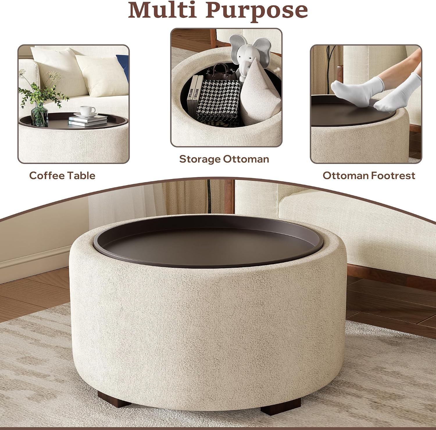 30" Round Ottoman with Storage Circular Coffee Table with Removable Wood Top and Solid Wood Legs Modern Upholstered Ottoman for Living Room Bedroom Apartments White