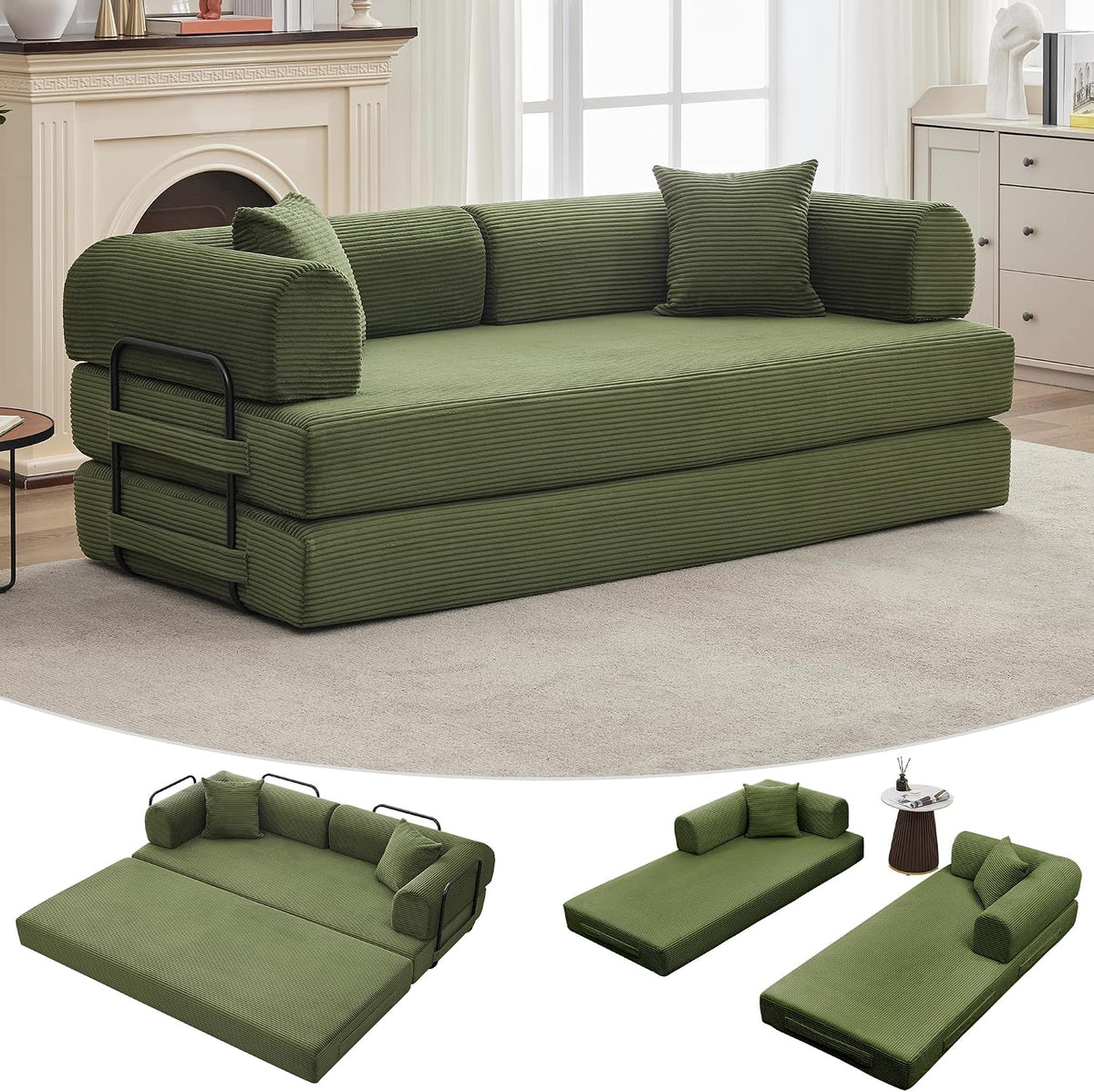 GarveeHome 79" Convertible Sleeper Sofa Bed Couch, 4-in-1 Corduroy Folding Sofa Bed with Pillow & Fixed-Shape, Floor Mattress Couch Loveseat for Living Room Apartments - No Assembly, Green