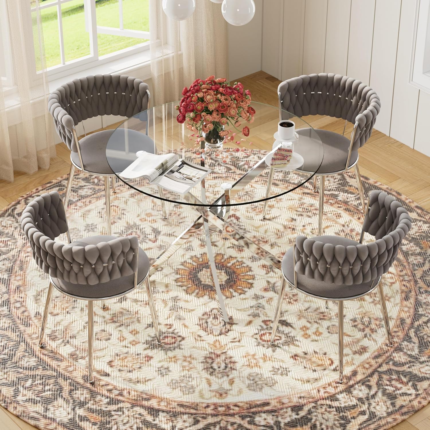 Modern Minimalism Circle Dining Table Set of 4, 36'' Round Tempered Glass Table Top with Silver Base & 4 Grey Silver Velvet Dining Chairs, 5-Piece Dining Room Table Set (Easy Assembly)