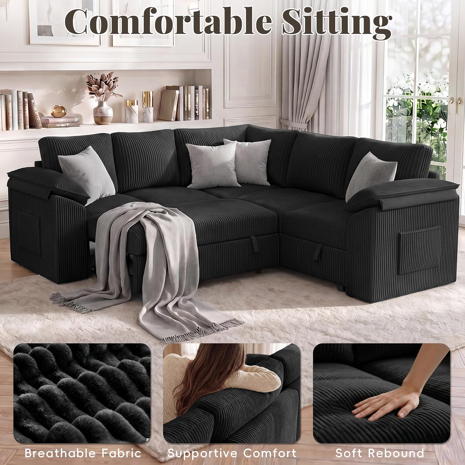 85 In L Shaped Modular Sectional Sofa Couch for Living Room, Black | Pull Out Sleeper Bed, 5 Seat Modular Design, Hidden Storage Space, Soft Corduroy Fabric, Removable Covers, Easy Assembly