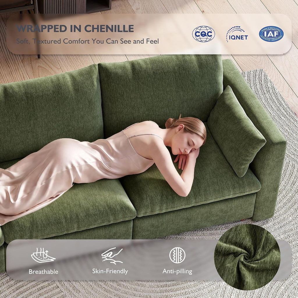 Ihanherry 117" Oversized Modular Sectional Sofa, Modern U Shaped Cloud Couch with 2 Storage Ottoman, 5-Seat Comfy Chenille Deep Seat Sofa with 2 Pillows for Living Room, Green