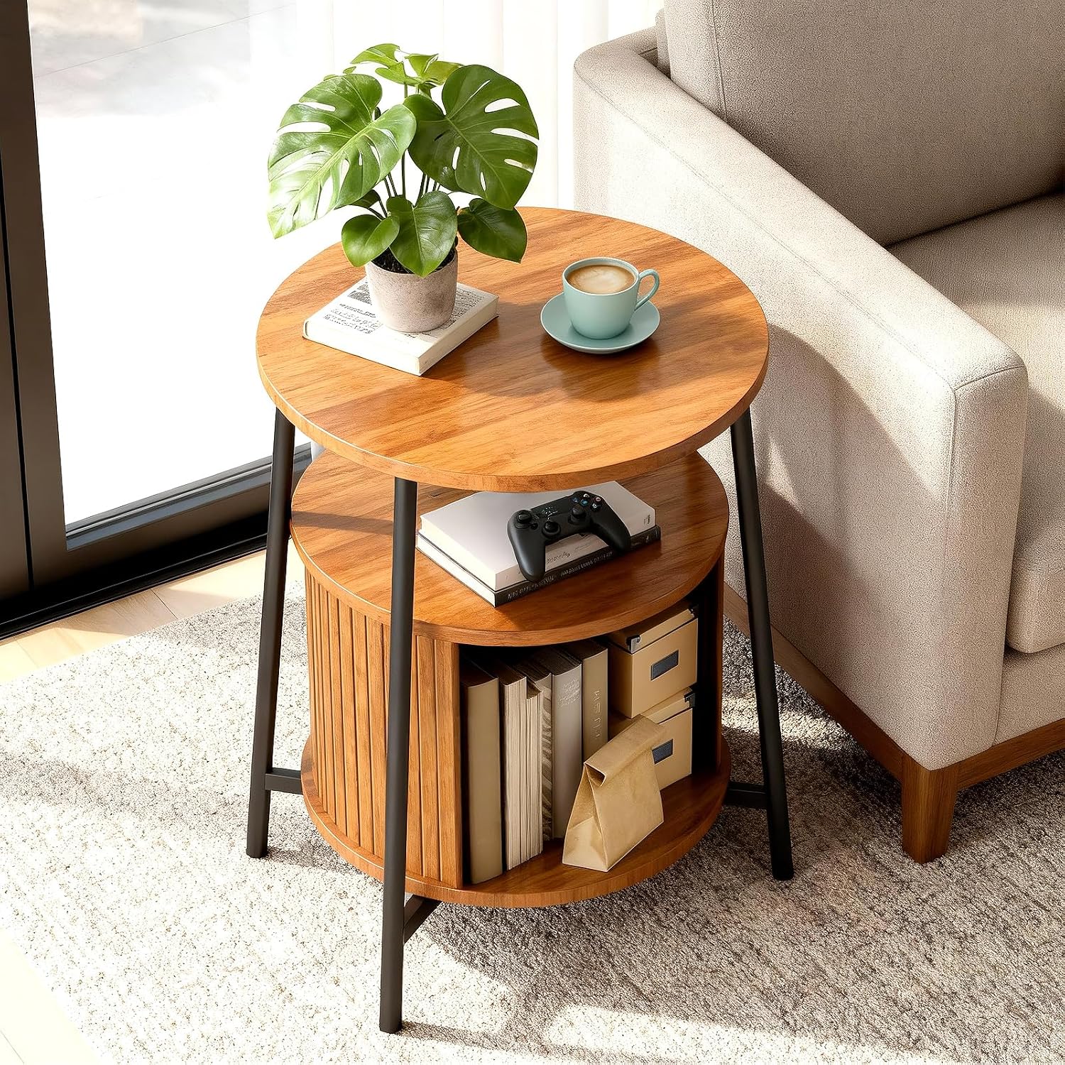 DHH Round End Tables with Charging Station, Fluted Accent Side Table with Sliding Door, Mid-Century Modern Nightstand for Small Space Storage, Living Room, Bedroom,Sofa Couch(Yellow)