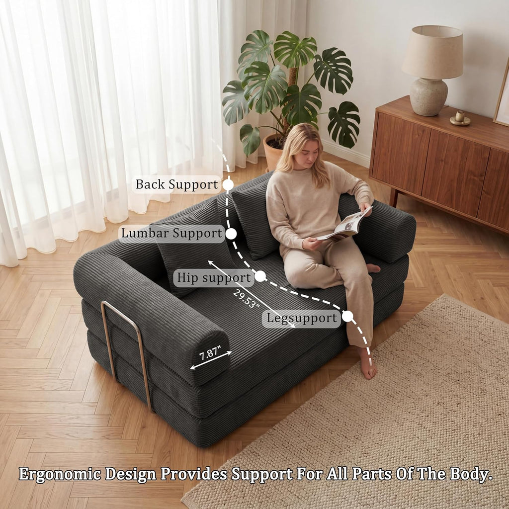 Futon Sofa Bed Modular Loveseat Sleeper Folding Pull Out Couch with Pillows, No Assembly Required Couch for Living Room Bedroom Guest Room (Grey, 53.15" Loveseat Sofa)