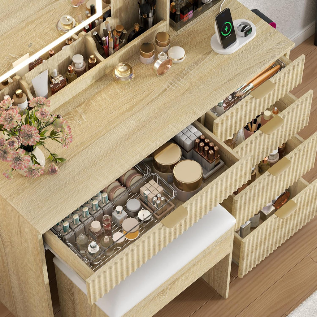 Fluted Vanity Desk with Hidden Storage Stool and Large Mirror, 5 Drawers | Makeup Vanity Table withCharging Station,3 Lighting Modes & Adjustable shelf, Dressing Table for Women Girls Bedroom, Oak