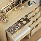Fluted Vanity Desk with Hidden Storage Stool and Large Mirror, 5 Drawers | Makeup Vanity Table withCharging Station,3 Lighting Modes & Adjustable shelf, Dressing Table for Women Girls Bedroom, Oak