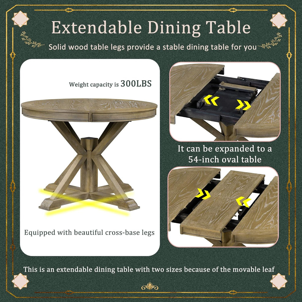 54'' Round Oval Dining Table Extendable Kitchen Table for 4-6, Modern Mid-Century Retro Style Wood Dining Room Table with a 12" Leaf for Living Room Kitchen, Natural Wood Wash