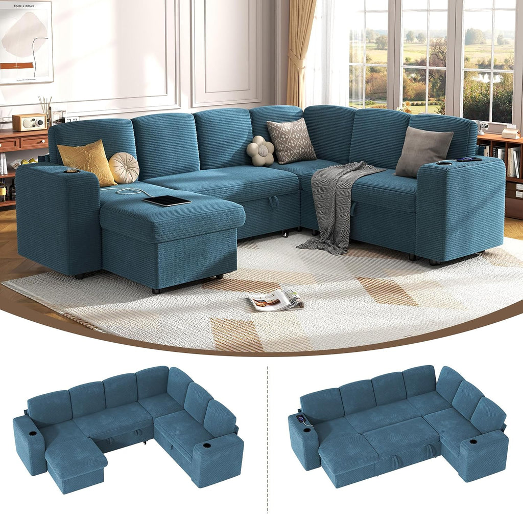 wanan Sectional Sleeper Sofa with Pull Out Couch Bed, 7 Seats Modular U Shaped Cloud Couch with Storage Chaise, Dual Arm Storage & USB Charging, Adjustable Backrest Sofa,Blue Corduroy