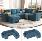 wanan Sectional Sleeper Sofa with Pull Out Couch Bed, 7 Seats Modular U Shaped Cloud Couch with Storage Chaise, Dual Arm Storage & USB Charging, Adjustable Backrest Sofa,Blue Corduroy