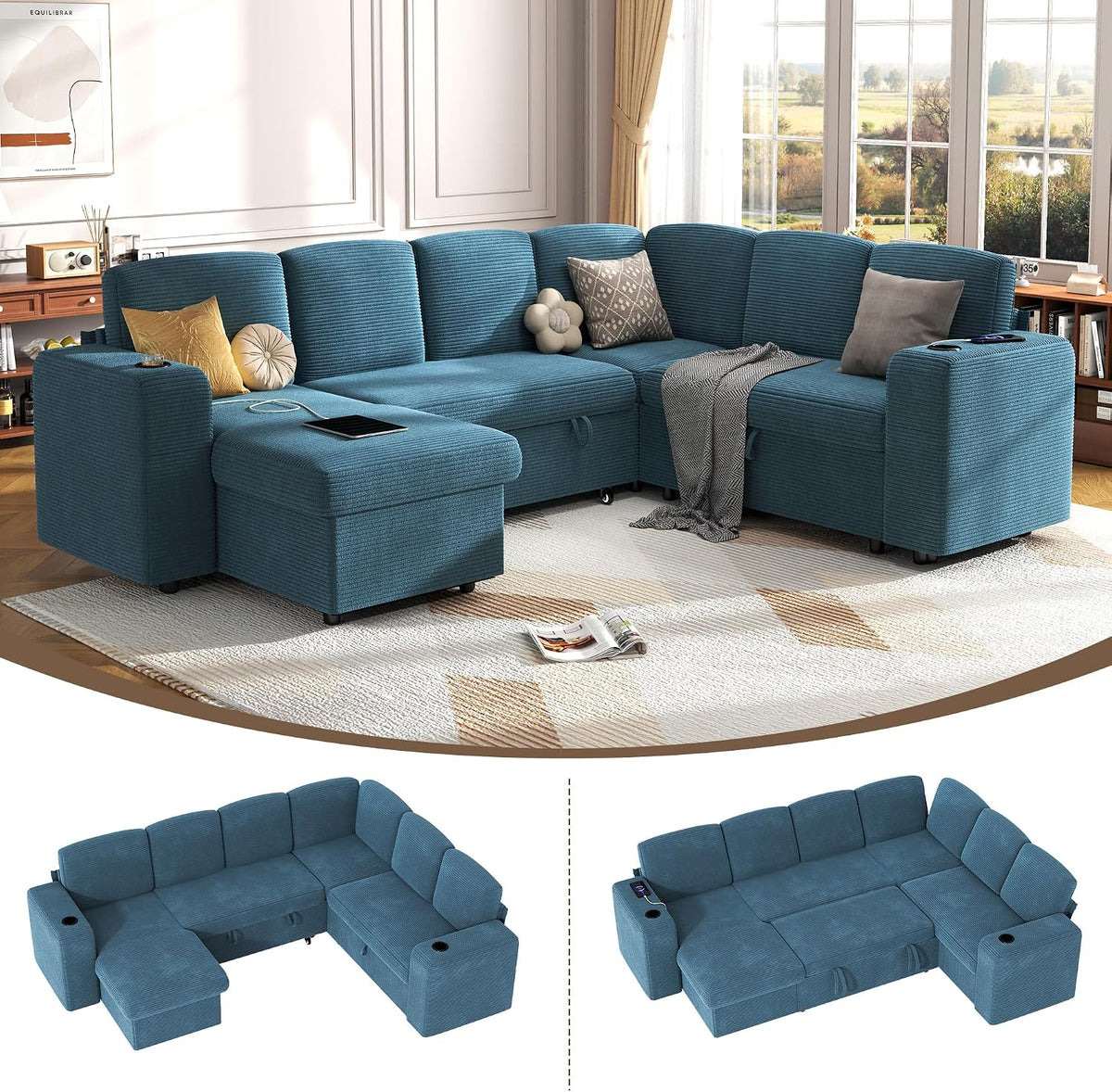 wanan Sectional Sleeper Sofa with Pull Out Couch Bed, 7 Seats Modular U Shaped Cloud Couch with Storage Chaise, Dual Arm Storage & USB Charging, Adjustable Backrest Sofa,Blue Corduroy