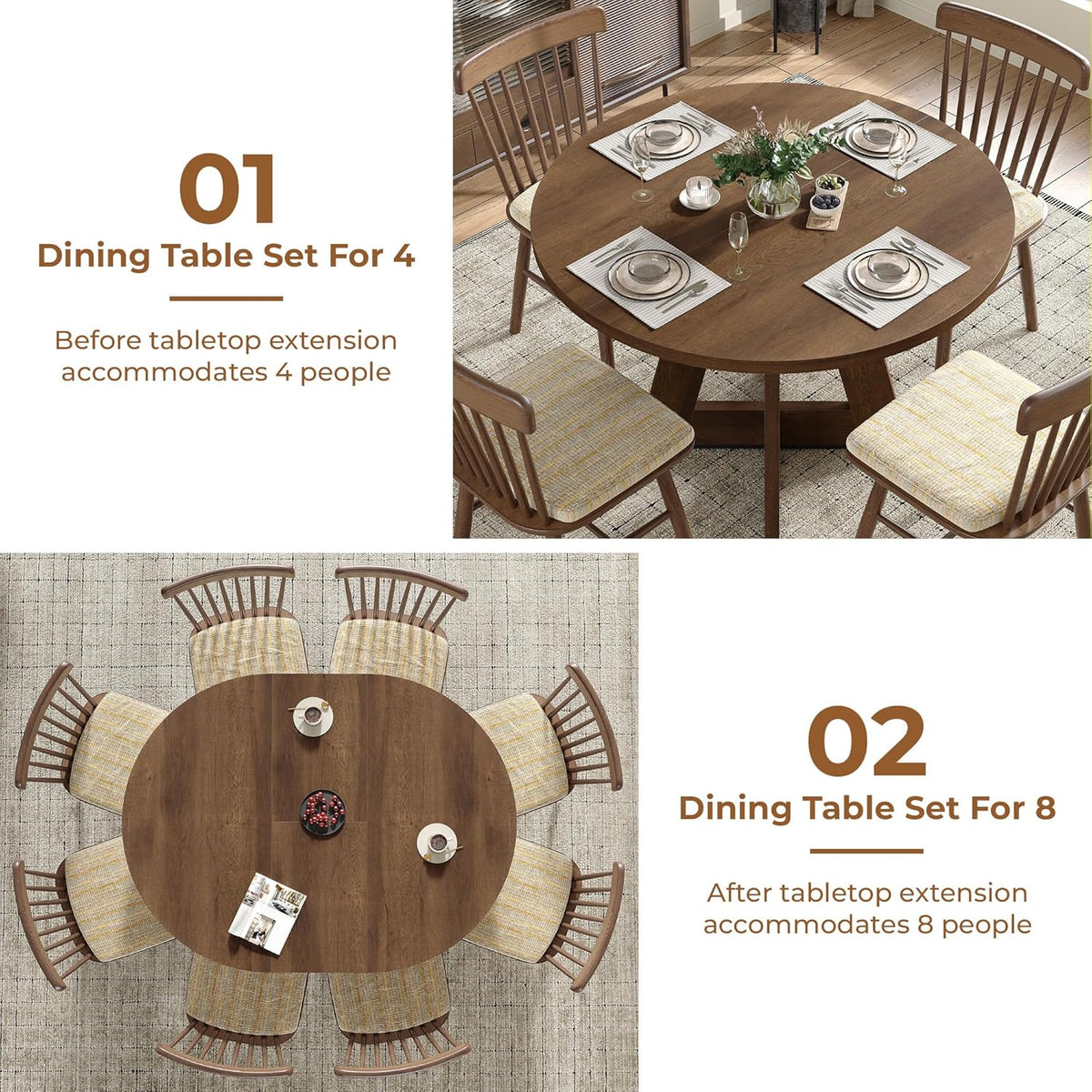 Extendable Round Dining Table for 4-8,Modern Kitchen Oval Dining Table with Removable Leaves Space Saving,Wood Base for Kitchen Living Room (Walnut)