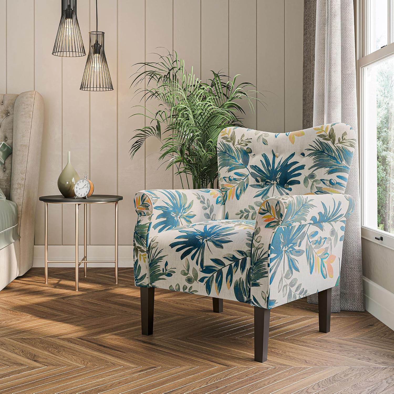 BELLEZE Modern Accent Chair, High Back Armchair, Upholstered Wingback Side Chair, Padded Single Sofa with Wooden Legs for Living Room, Bedroom - Green Blue Floral