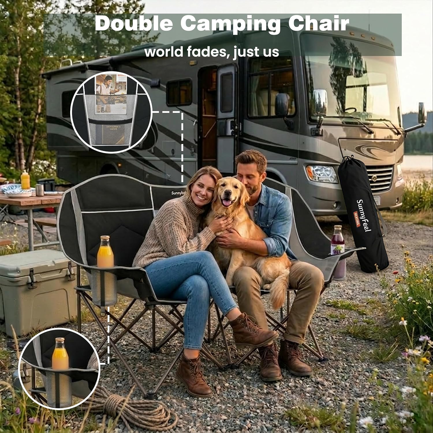 SUNNYFEEL Double Camping Chair Portable Folding Loveseat for 2 Adults Heavy Duty Oversized Camping Couch 600 lbs with Cup Holders & Storage for Outdoor Camping, Beach, Lawn, Patio RV & Indoor Use