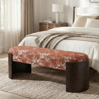 VKNOW 50" Upholstered Ottoman Bench with Botanical Pattern, Oval Entryway Bench with Solid Curved Bentwood Legs, Accent End of Bed Bench for Bedroom, Dining Bench for Dining Room, Living Room, Rust