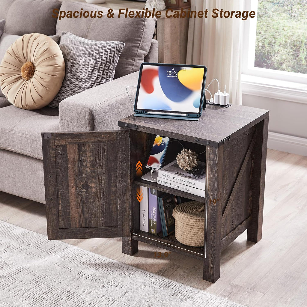OKD Farmhouse Nightstand Set of 2, 18 Inch Rustic End Table with Charging Station, Barn Door, Adjustable Storage Shelf, Wood Sofa Side Table for Living Room, Bedroom, Dark Rustic Oak