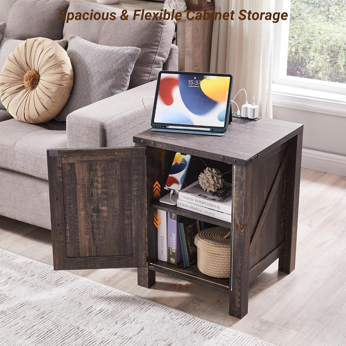 OKD Farmhouse Nightstand Set of 2, 18 Inch Rustic End Table with Charging Station, Barn Door, Adjustable Storage Shelf, Wood Sofa Side Table for Living Room, Bedroom, Dark Rustic Oak