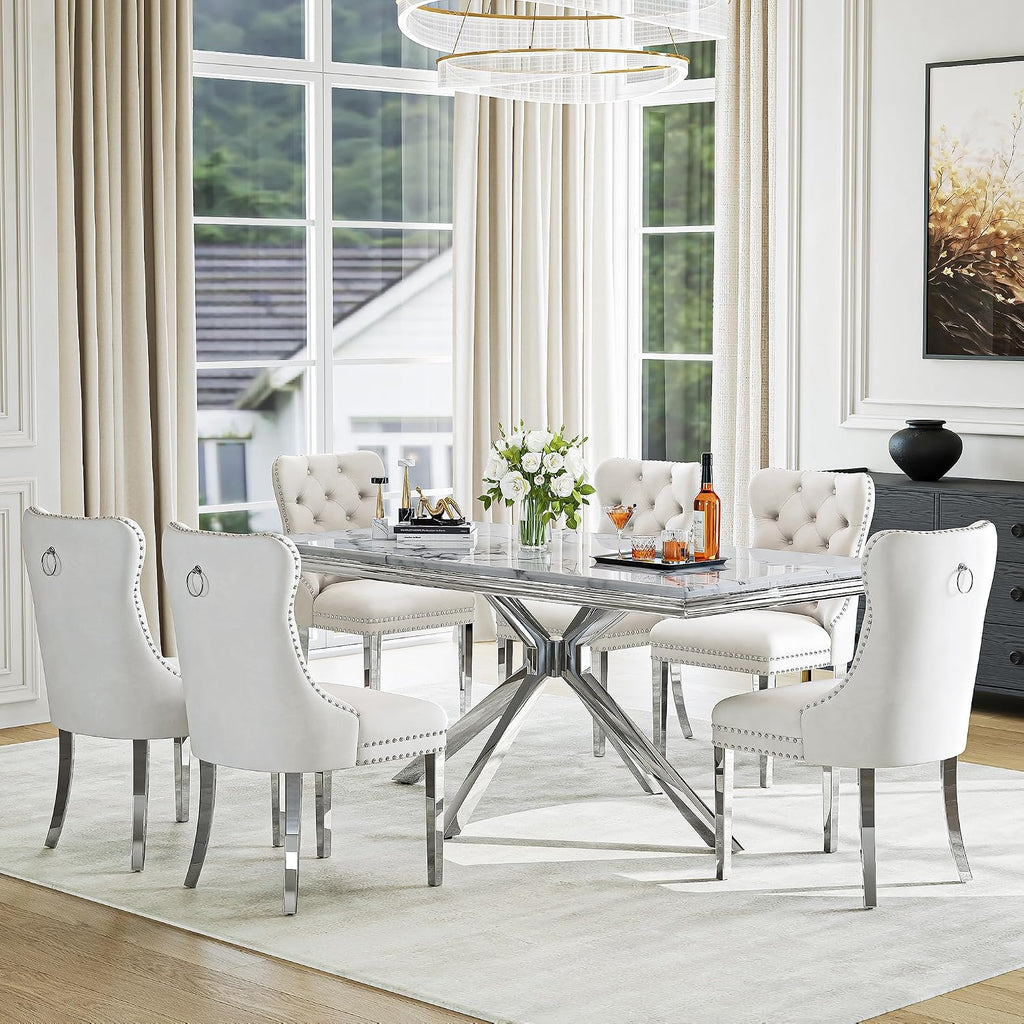 7 Piece Kitchen & Dining Room Set, Luxurious 70" White Large Marble Dining Table with Beige Velvet Cushion Chairs for Living Room, Kitchen (1 Silver-Base Table, 6 Chairs)