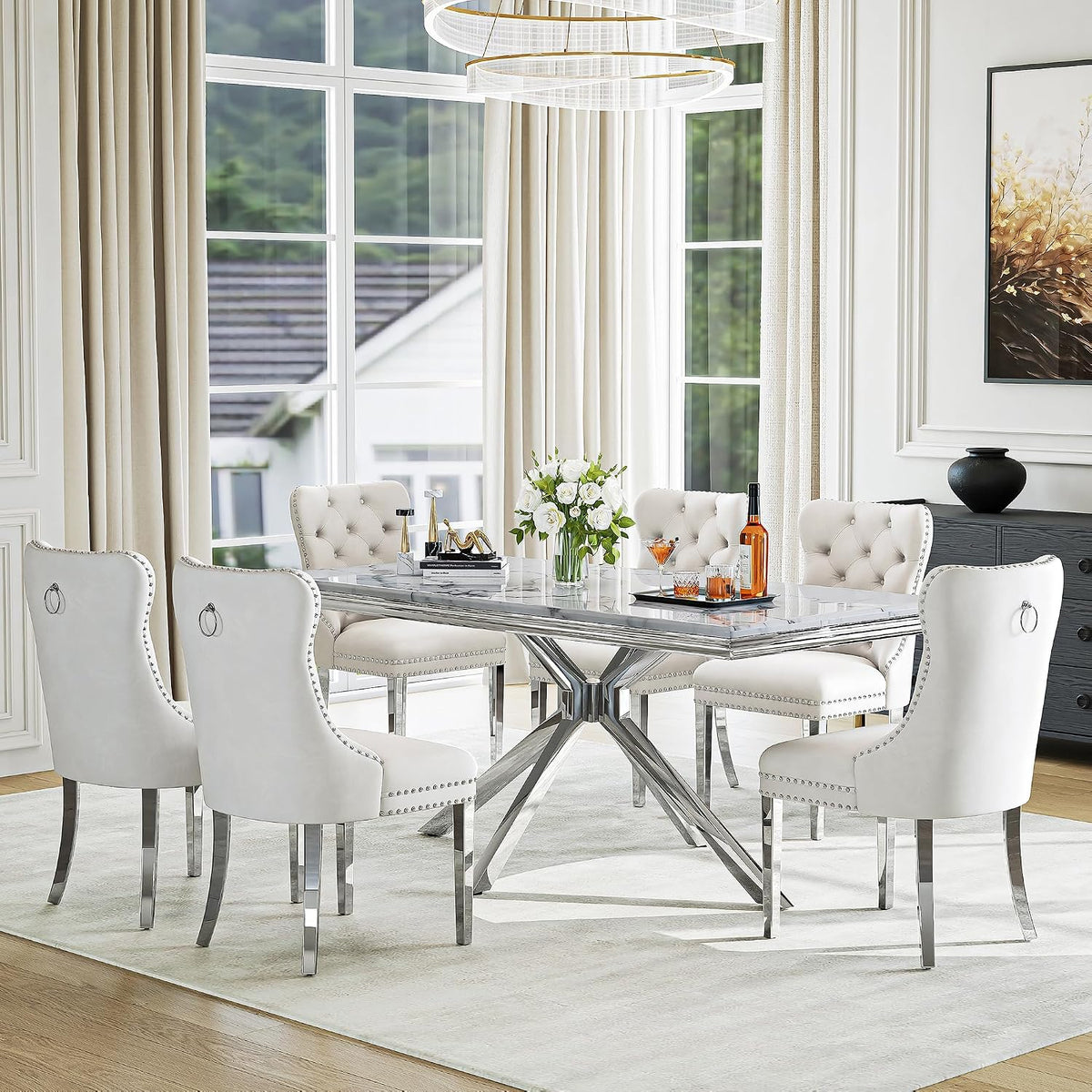 7 Piece Kitchen & Dining Room Set, Luxurious 70" White Large Marble Dining Table with Beige Velvet Cushion Chairs for Living Room, Kitchen (1 Silver-Base Table, 6 Chairs)
