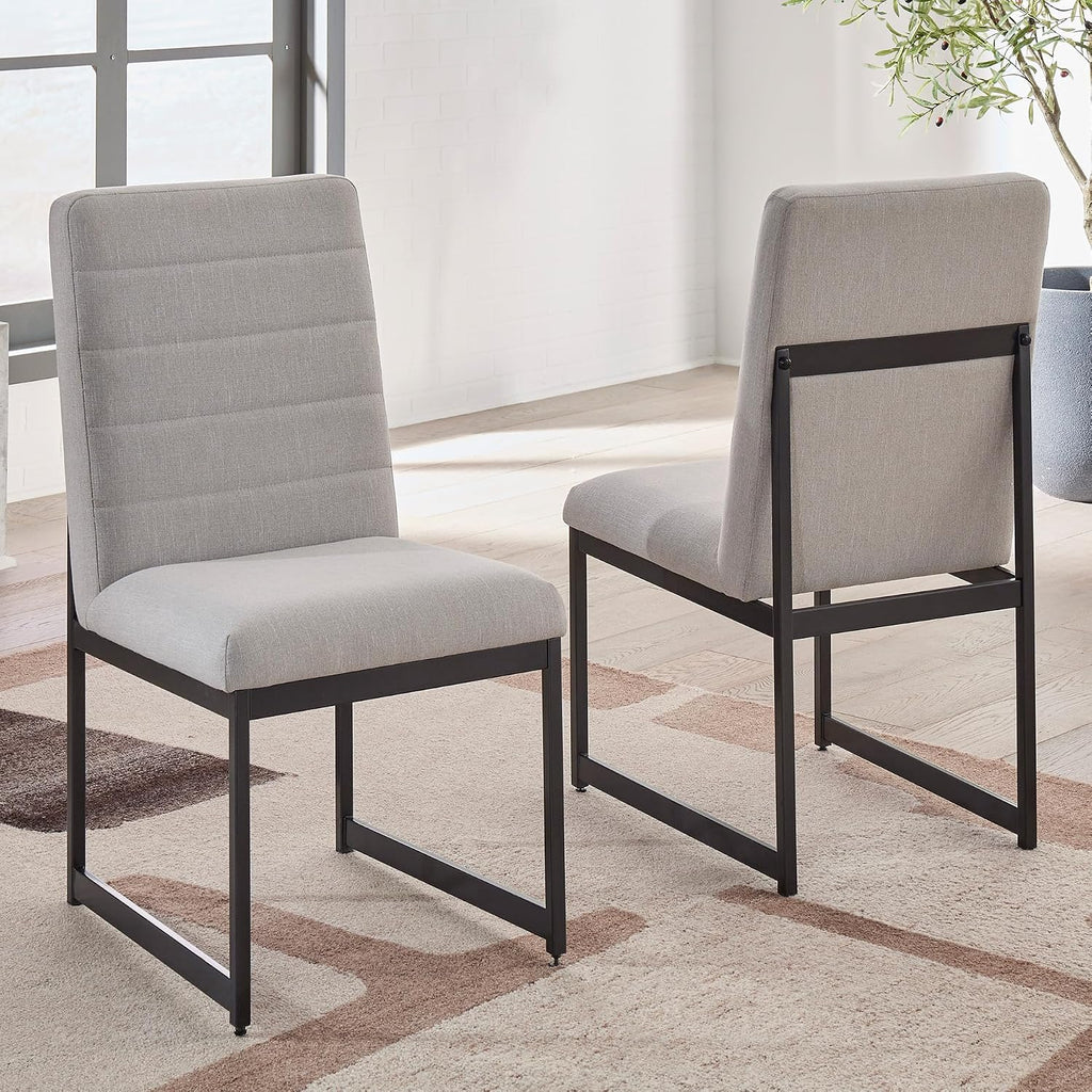 Signature Design by Ashley Tomtyn Dining Chair, Set of 2, Cushioned Polyester Side Chairs with Sturdy Metal Frame, Modern Urban Style for Kitchen or Dining Room, Light Beige & Gunmetal Gray