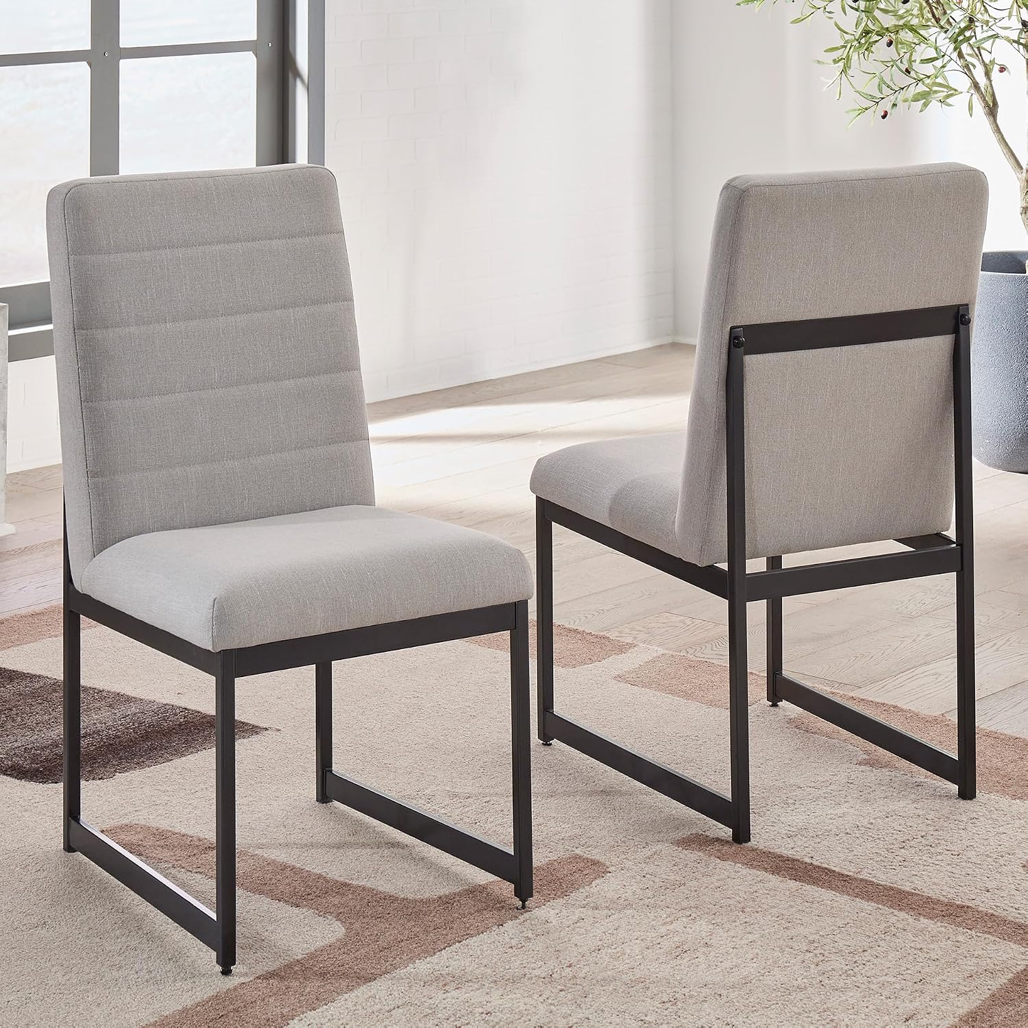 Signature Design by Ashley Tomtyn Dining Chair, Set of 2, Cushioned Polyester Side Chairs with Sturdy Metal Frame, Modern Urban Style for Kitchen or Dining Room, Light Beige & Gunmetal Gray