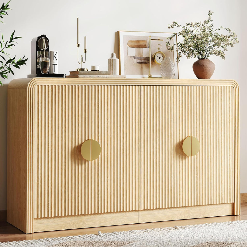Decofy 55" Buffet Sideboard Cabinet, Mid Century Modern Console Cabinet with Wavy Grain Doors & Adjustable Shelves for Kitchen Cabinets, Living Room, Entryway, Coffee Bar Cabinet, Natural Oak