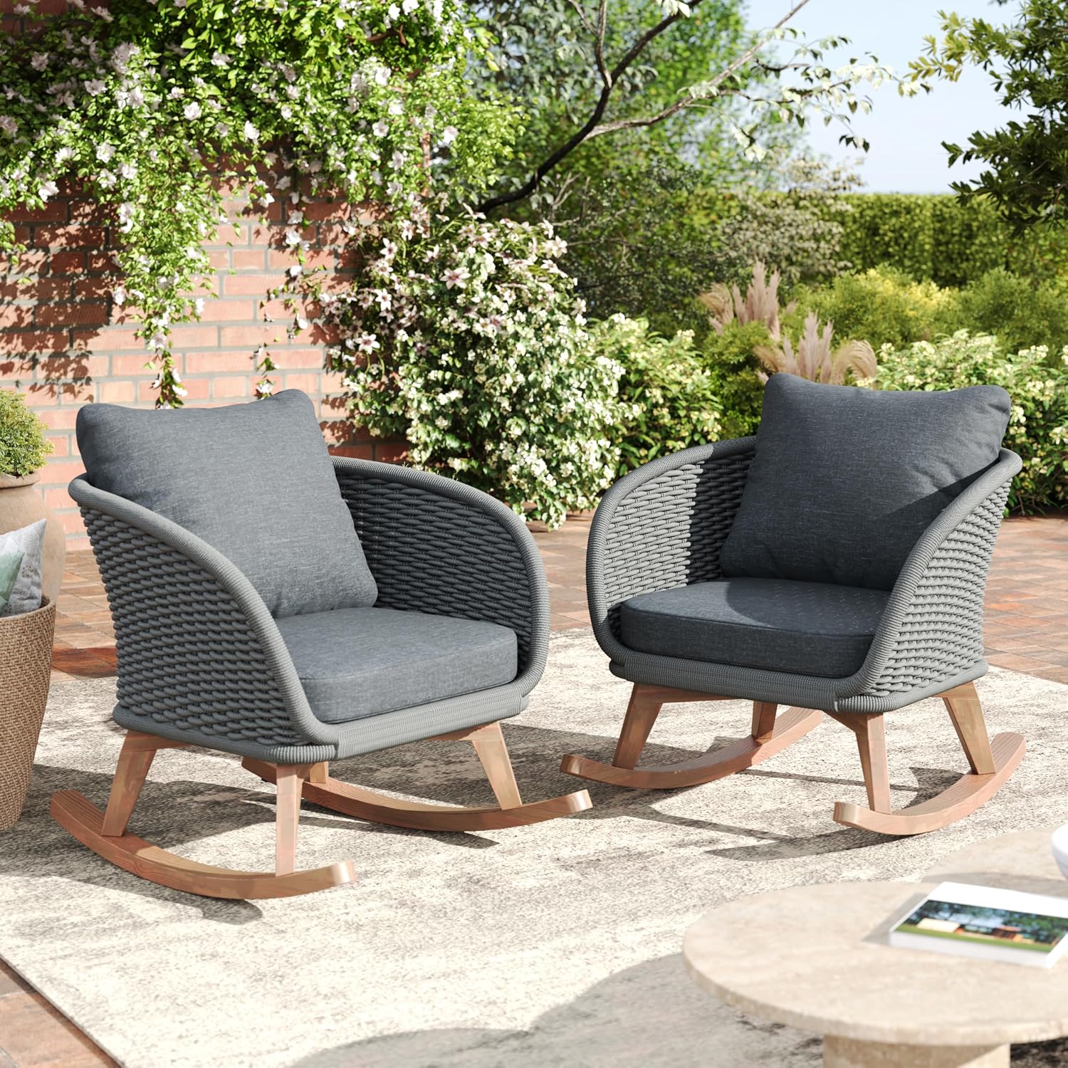 Set of 2 Gray Wicker Rocking Chairs: Contemporary Minimalist Design with Polyester Cushions & Wooden Frame - Indoor & Outdoor Use for Patio Balcony or Living Room