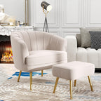 Andeworld Velvet Accent Chair with Ottoman, Barrel Armchair, Beige | Velvet Upholstery Side Chair, Includes Ottoman, Golden Metal Legs, 350 Lb Capacity, Living Room Bedroom Office