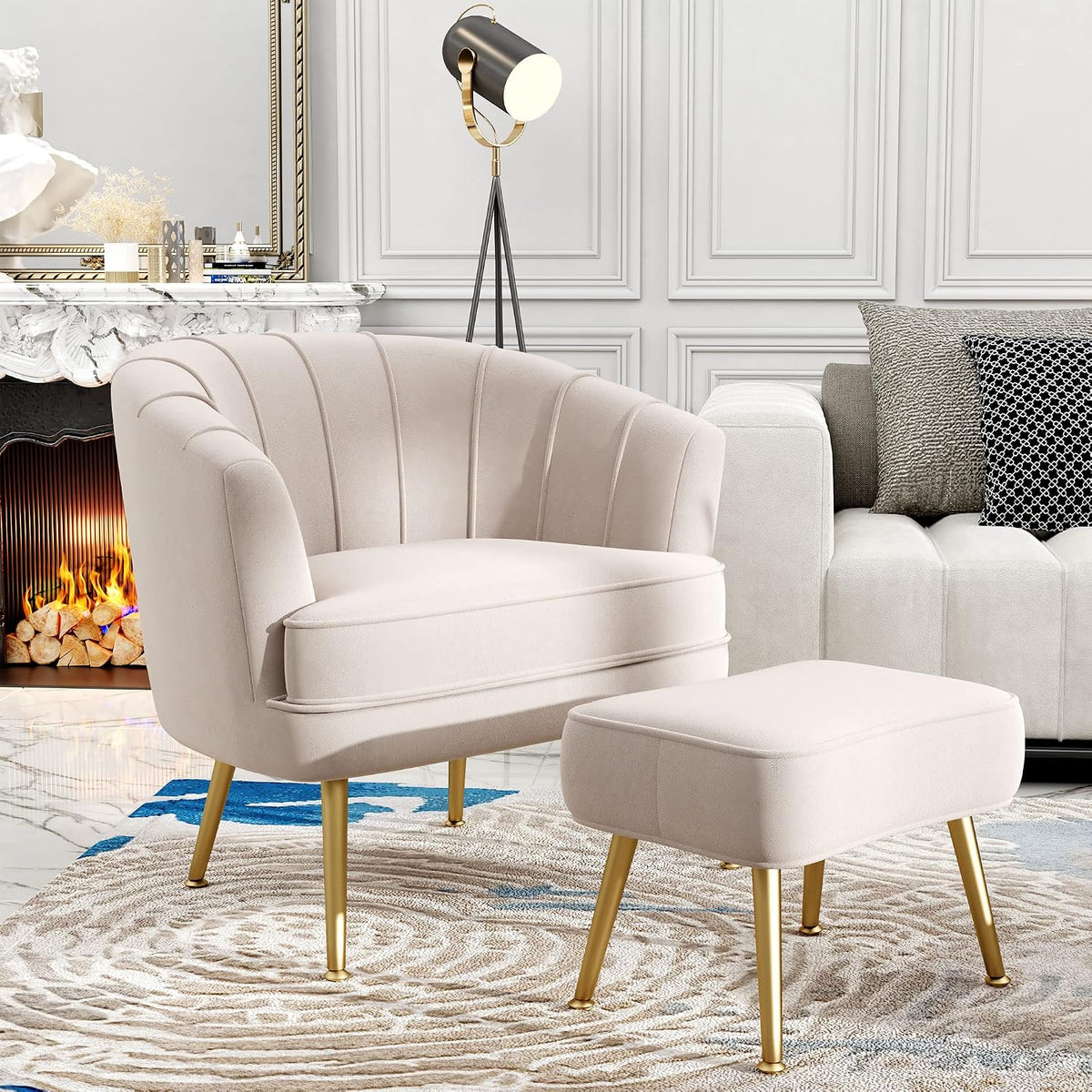 Andeworld Velvet Accent Chair with Ottoman, Barrel Armchair, Beige | Velvet Upholstery Side Chair, Includes Ottoman, Golden Metal Legs, 350 Lb Capacity, Living Room Bedroom Office