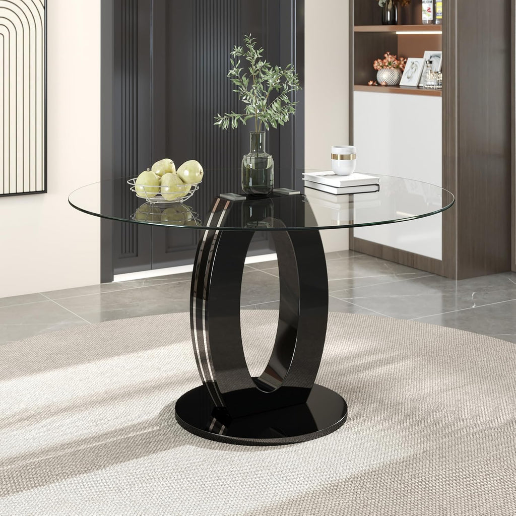 RGZ 47'' Modern Luxury Clear Glass Round Dining Table for 4-6, Glass Circle Top Kitchen Table with Elegant Silver Decorative Strips & Black Base, Circular Apartment Dinner Table for Home, Living Room