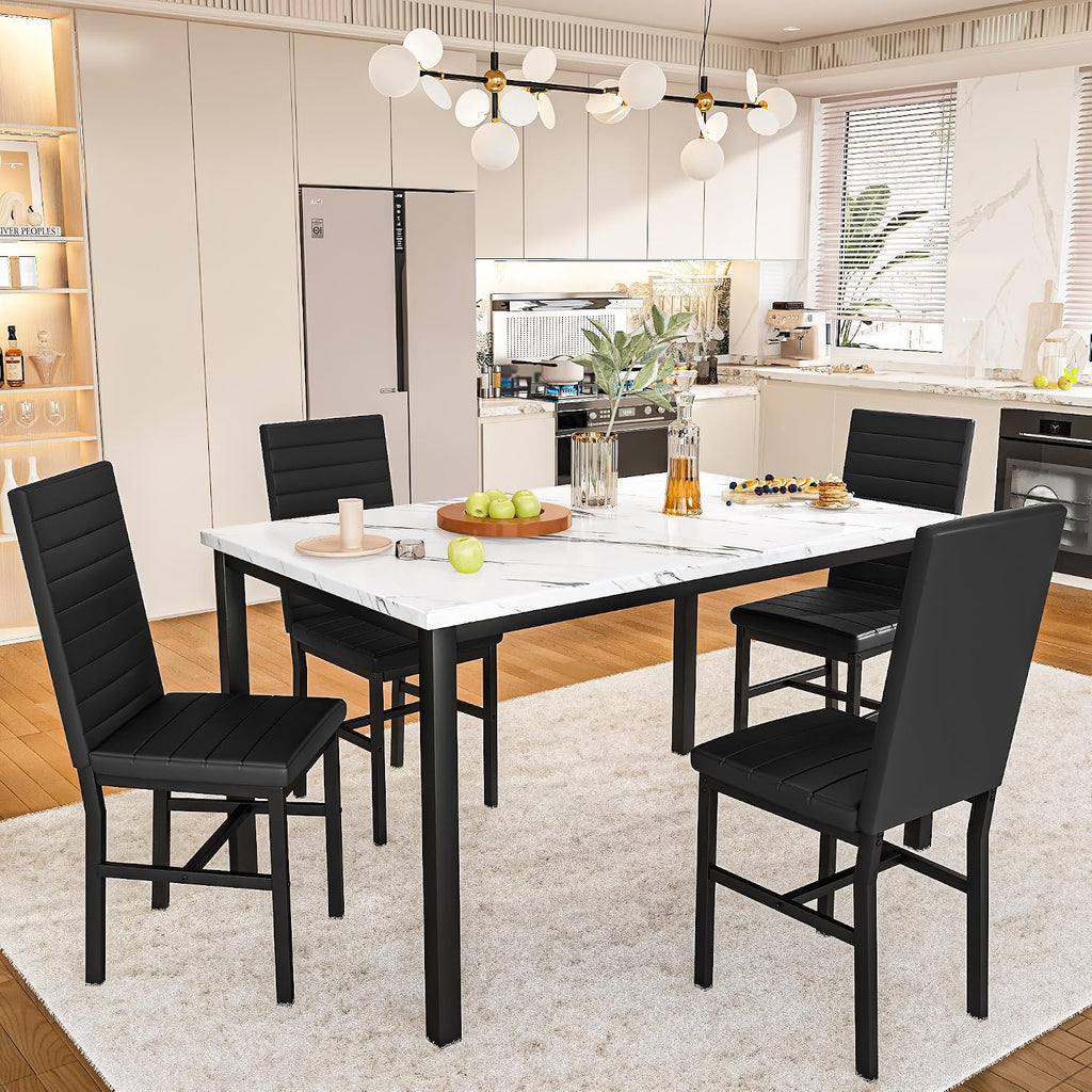 Hooseng Dining Table Set for 4, 5-Piece Faux Marble Dinner Table Set with 4 Upholstered PU Leather Chairs Kitchen Table Chairs Set Modern Space-Saving Dinette Set for Breakfast Nook Apartment Black