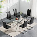 7 Piece Modern Dining Table Set of 6, 61" Tempered Glass Rectangle Dining Tables and 6 Leather Black Dining Chairs, 60 inch Kitchen Tables with Silver Metal Base, Large Dining Table Set