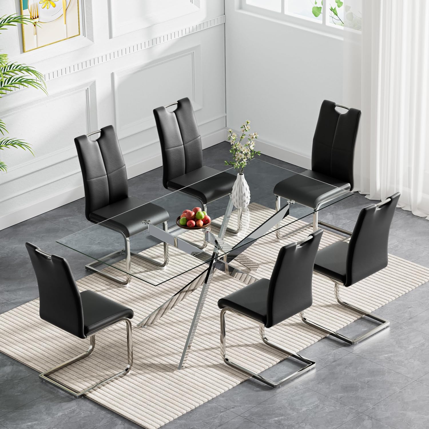 7 Piece Modern Dining Table Set of 6, 61" Tempered Glass Rectangle Dining Tables and 6 Leather Black Dining Chairs, 60 inch Kitchen Tables with Silver Metal Base, Large Dining Table Set