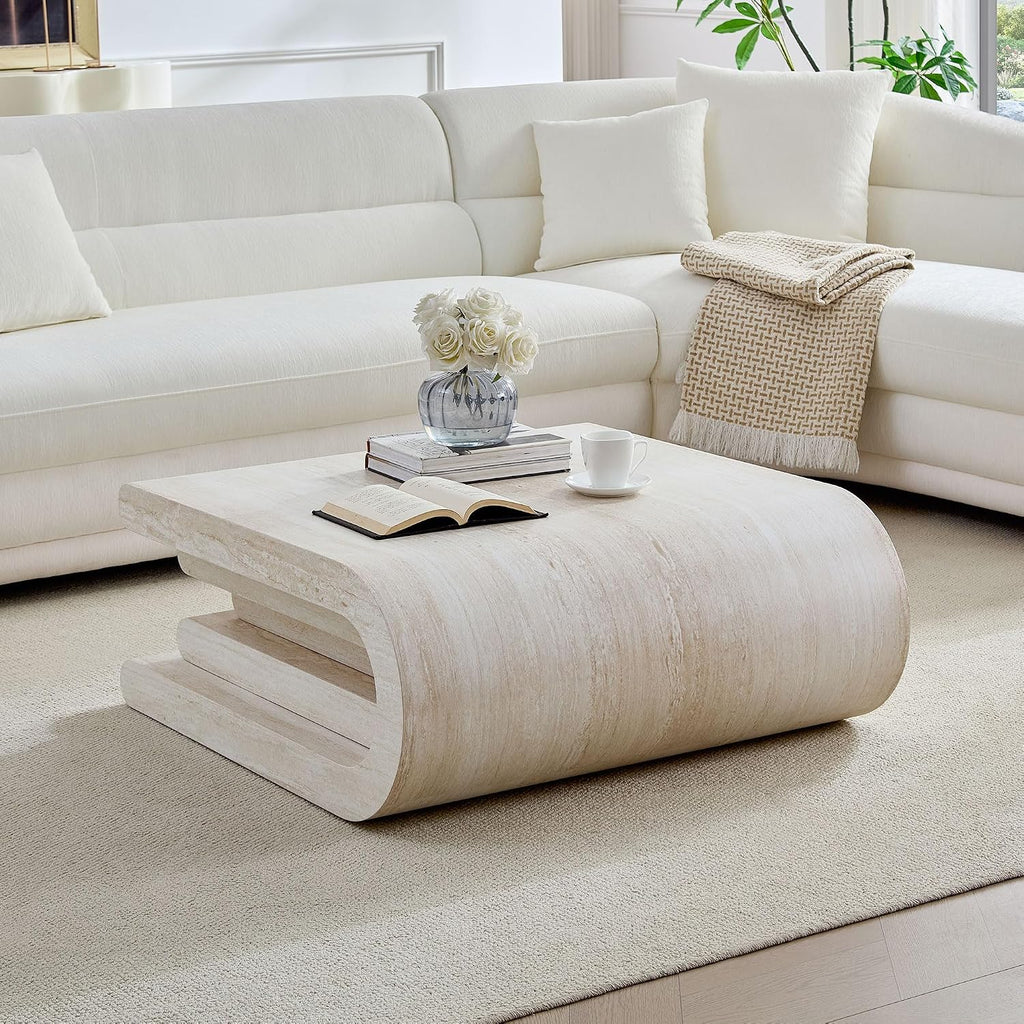 33.89" Square Faux Travertine Pattern Coffee Table for Living Room,MDF Modern Design Irregular Table with Layered Base for Office,Apartment,No Need Assembly,Beige