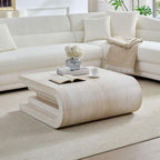 33.89" Square Faux Travertine Pattern Coffee Table for Living Room,MDF Modern Design Irregular Table with Layered Base for Office,Apartment,No Need Assembly,Beige