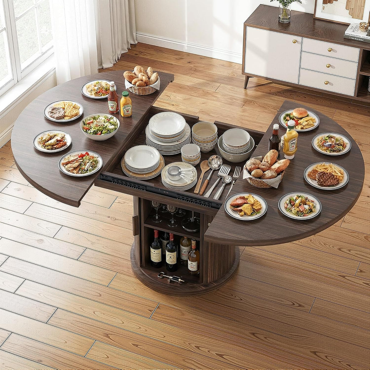 47.2"–63" Extendable Dining Room Table for 4–8, Round‑to‑Oval Expandable Wood Table with Dust‑Proof 2‑Tier Storage Shelf, Space‑Saving Modern Farmhouse Centerpiece for Living Room, Black Walnut