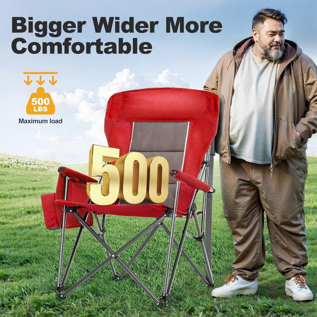 LET'S CAMP Oversized 29.52" High Back Camping Chairs Heavy Duty Lawn Chair Support 500LBS, Collapsible Chair with Cup Holder, Side Pocket,2 Pack(Red)