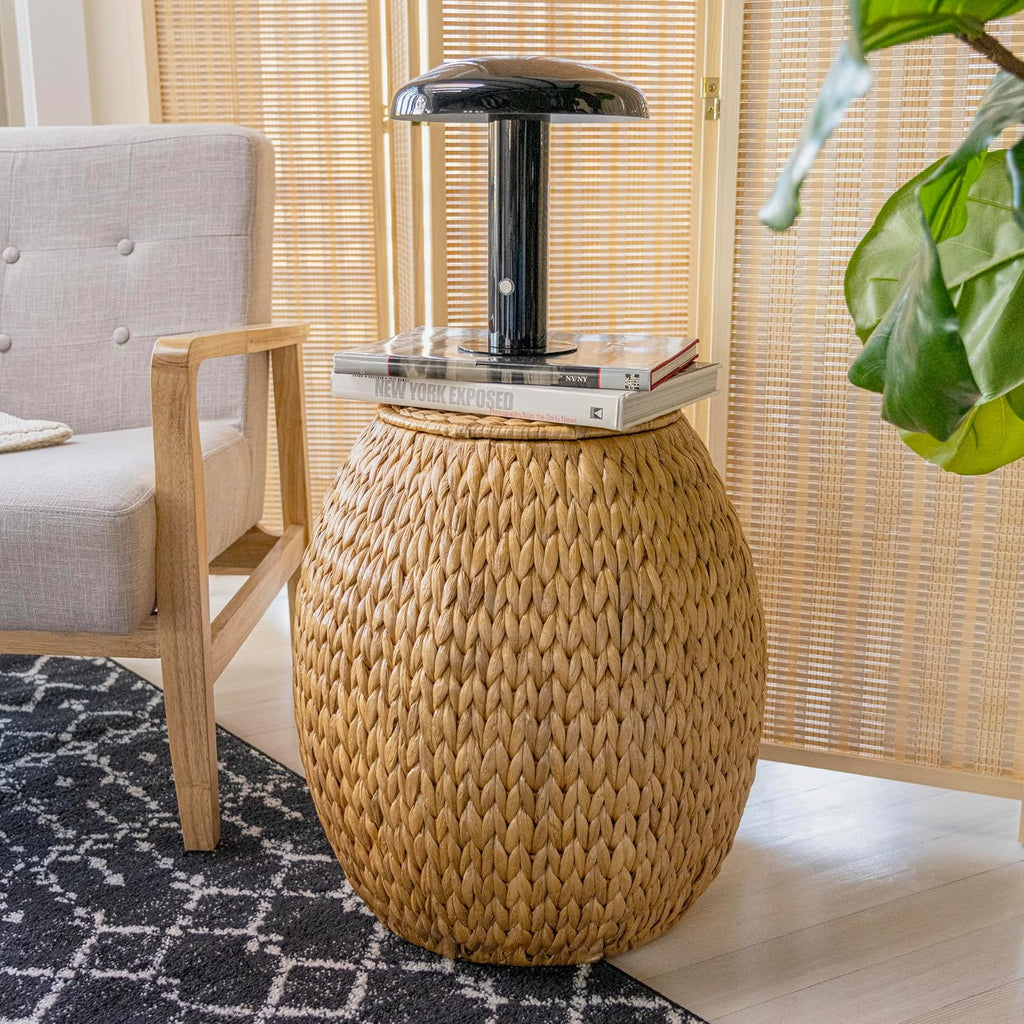 happimess SSL1000A Colt 17" Coastal Bohemian Handwoven Hyacinth Storage Stool with Lid for Storage and Decoration in Bedroom, Living Room, Kitchen, Dining Room, Entryway, Guestroom, Natural | Bohemian Rustic Wicker Basket, End Table For Living Room