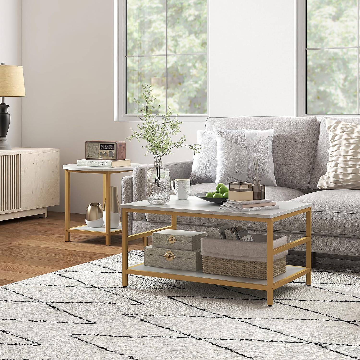 Brilluxa Coffee Table Set, 2-Piece Cocktail Table and Living Room Table Set with Rectangle and Round Tables, Faux Marble Tops, Storage Shelves for Small Spaces