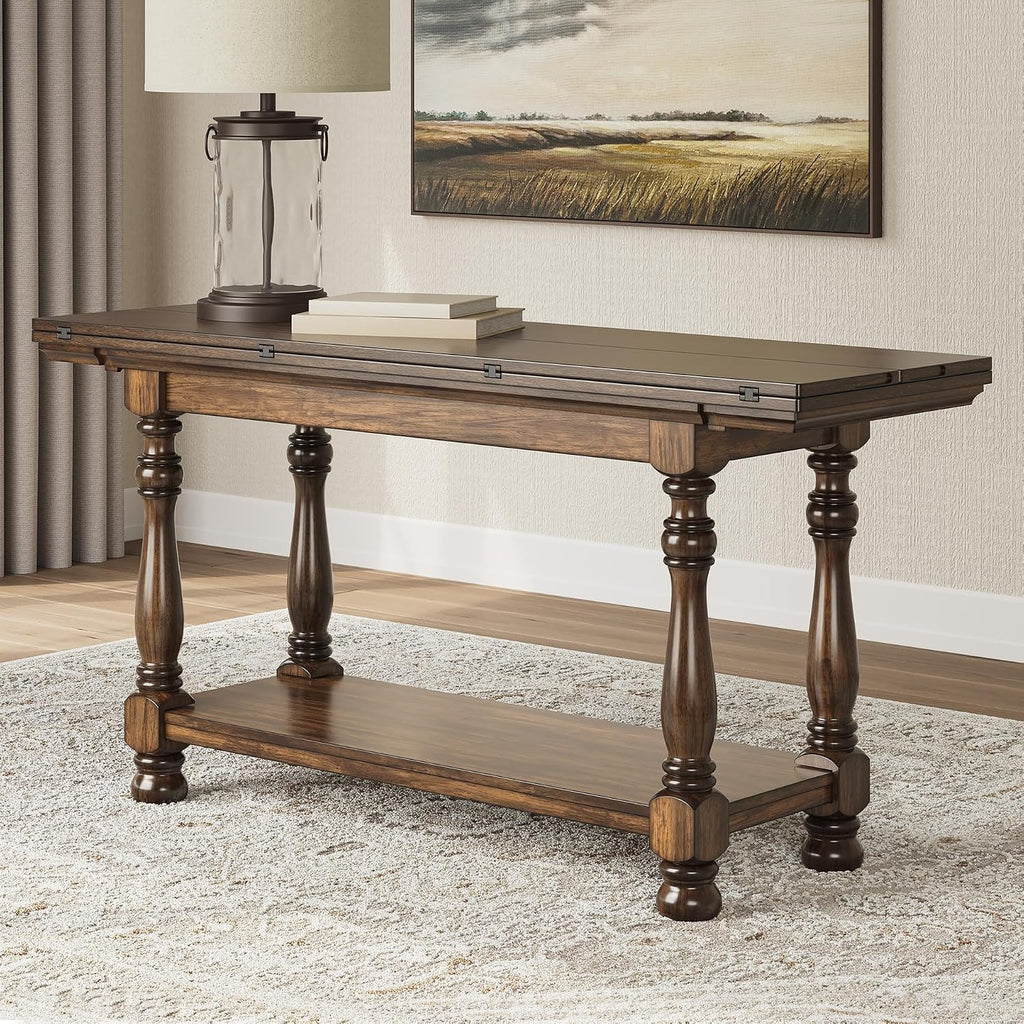 Signature Design by Ashley Sturlayne Flip Top Sofa Table, Expandable Console to Dining Table, Drop Leaf Design with Hardwood Solids, Space-Saving Multi-Use Furniture for Living Room, Brown