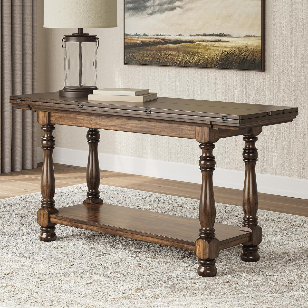 Signature Design by Ashley Sturlayne Flip Top Sofa Table, Expandable Console to Dining Table, Drop Leaf Design with Hardwood Solids, Space-Saving Multi-Use Furniture for Living Room, Brown