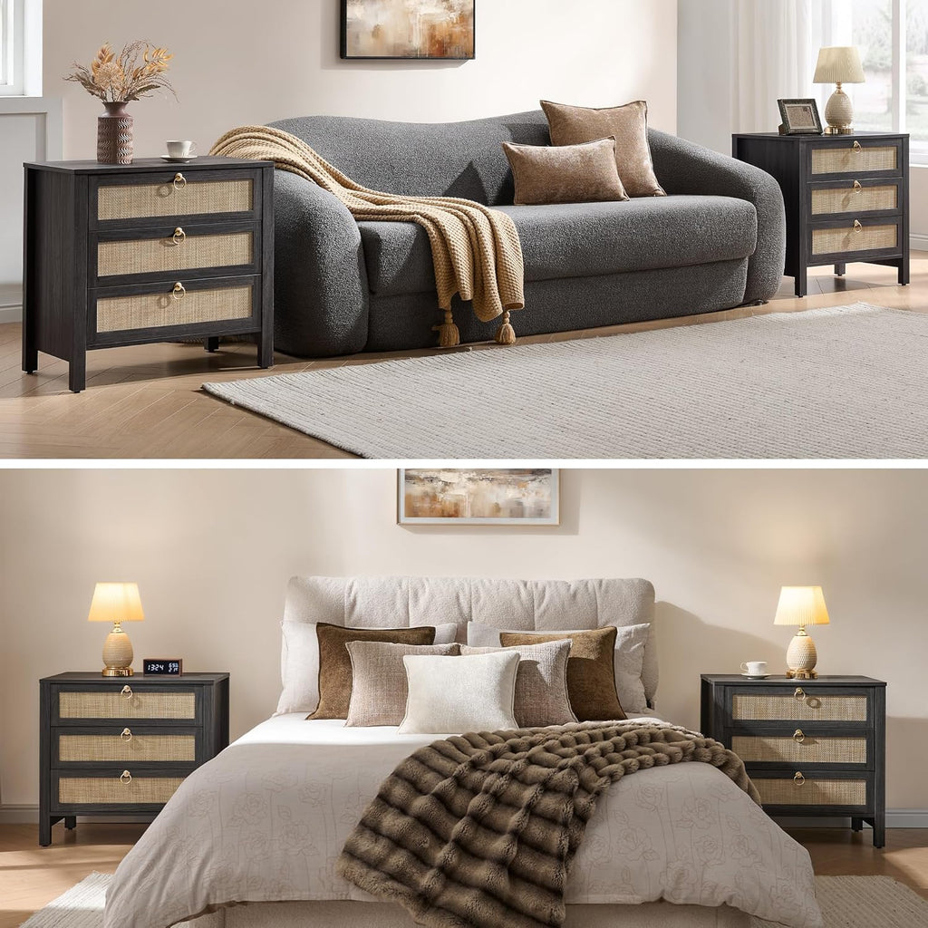 SICOTAS Rattan Nightstand Set of 2 with Drawers, Boho Large Bedside Tables | Wide Night Stand Set of 2 with 3 Drawers, Bedside Tables for Bedroom, Guest Room, Apartment, and Dorm Room, Bedroom Storage