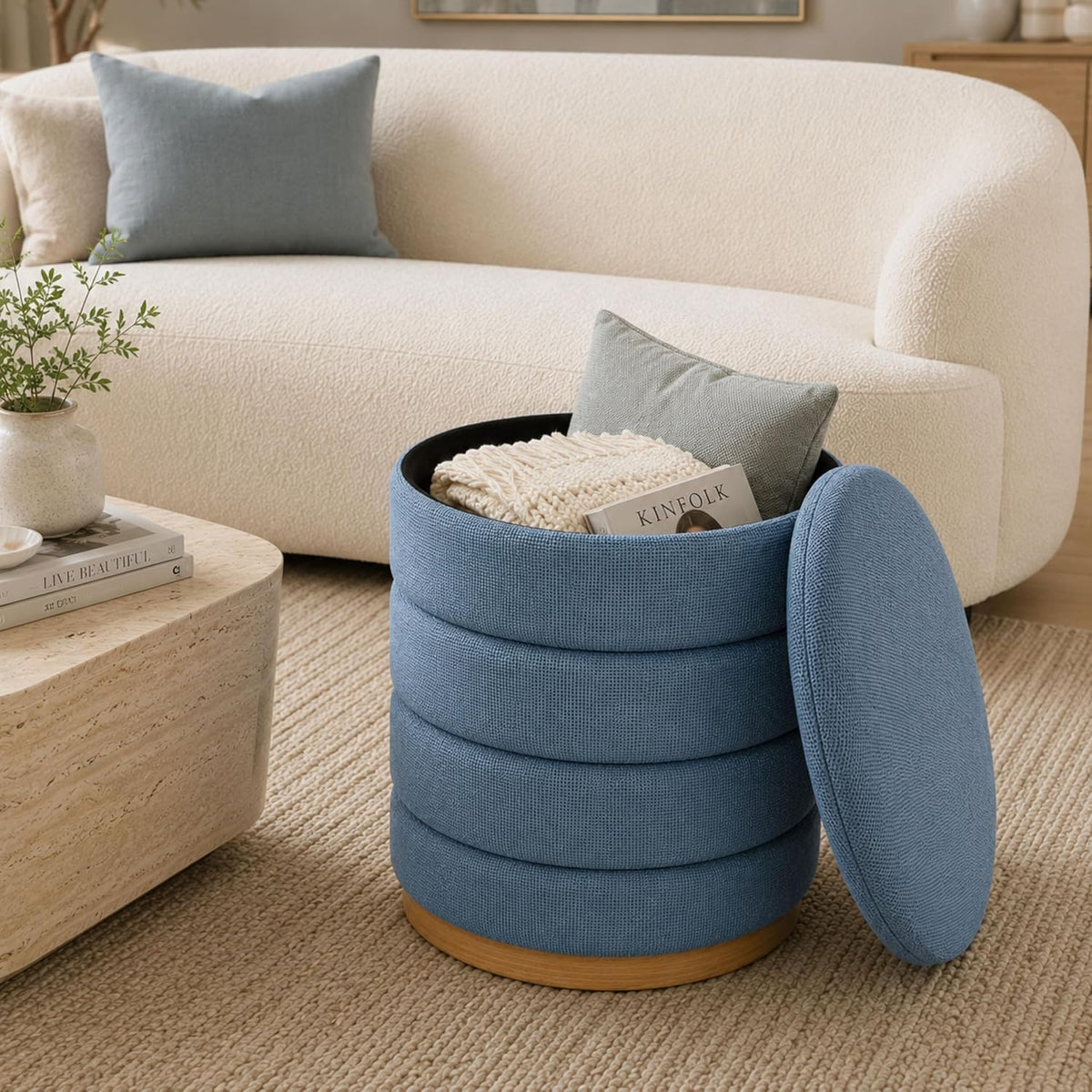 Linen Storage Ottoman Round Footrest with Hidden Storage, Light Blue 16" L X16 W X 17" H