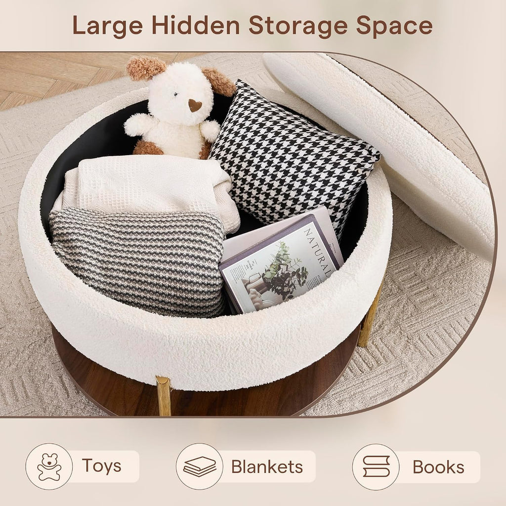 28.5 Inch Round Coffee Table Ottoman with Storgae, Modern Large Upholstered Circle Storgae Ottoman with Removable Lid Top and Metal Legs for Living Room, Bedroom, Teddy Fleece Beige