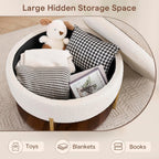 28.5 Inch Round Coffee Table Ottoman with Storgae, Modern Large Upholstered Circle Storgae Ottoman with Removable Lid Top and Metal Legs for Living Room, Bedroom, Teddy Fleece Beige
